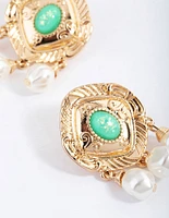 Gold Vintage Pearl Tassel Stud Earrings