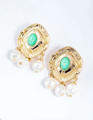Gold Vintage Pearl Tassel Stud Earrings
