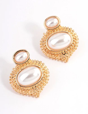 Gold Double Pearl Text Stud Earrings