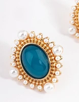 Gold Stone Pearl Stud Earrings