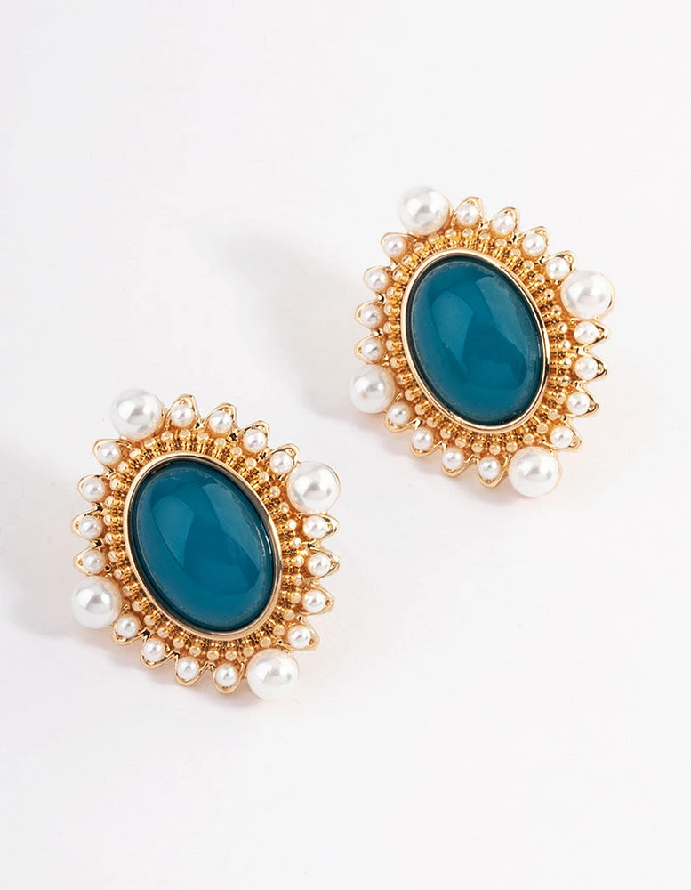 Gold Stone Pearl Stud Earrings