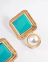 Gold Square Stone Round Pearl Stud Earrings