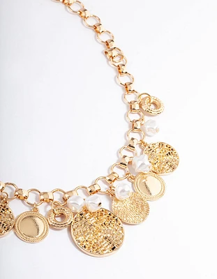 Gold Mixed Pearl & Pendant Coin Necklace