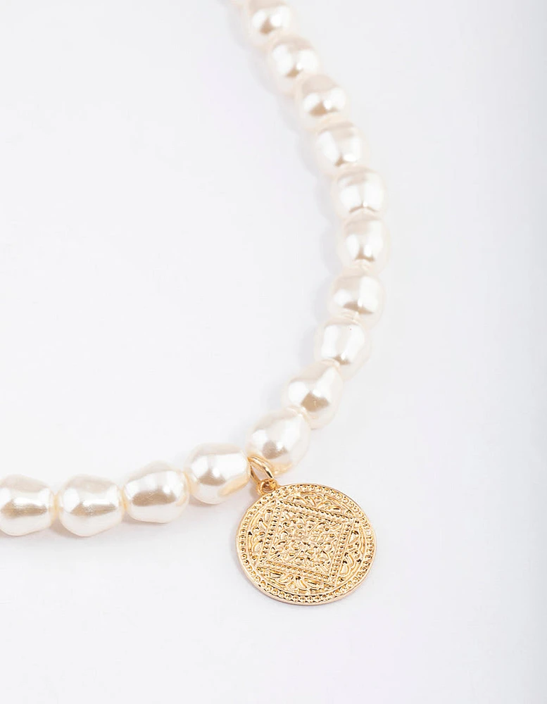 Gold Pearl & Disc Pendant Necklace