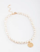 Gold Pearl & Disc Pendant Necklace