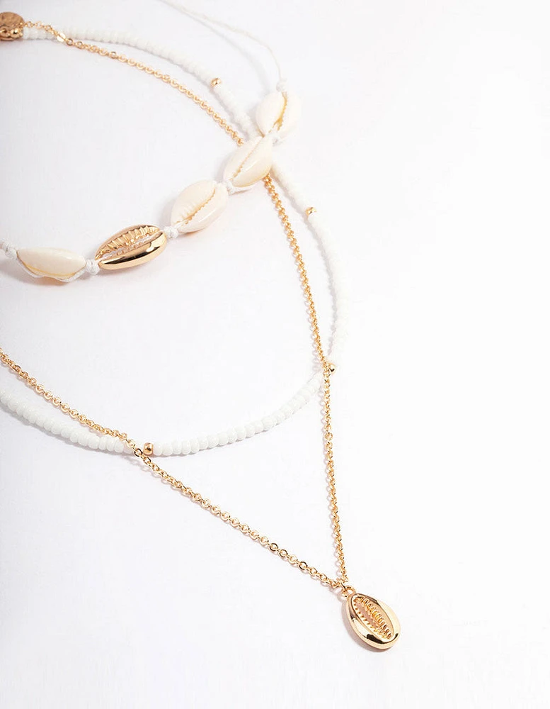 Gold Three Row Bead Shell Necklace