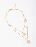 Gold Double Row Pearl Hammered Disc Necklace