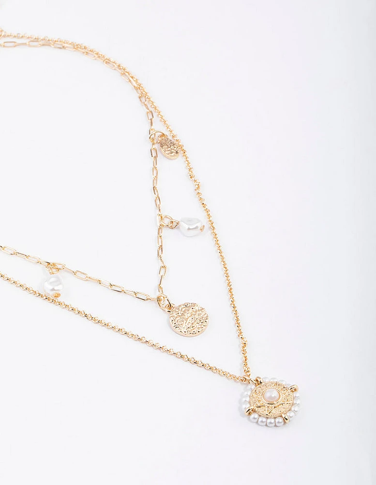 Gold Double Row Pearl Hammered Disc Necklace