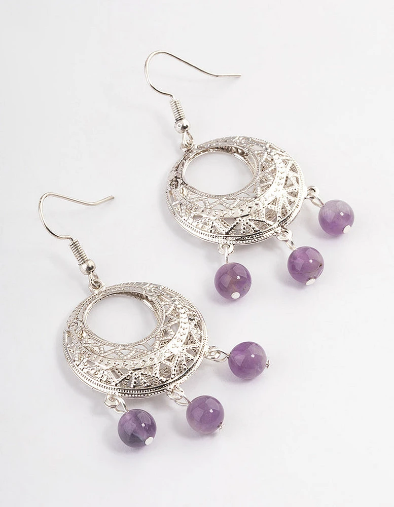 Antique Silver Amethyst Open Detail Hook Earrings