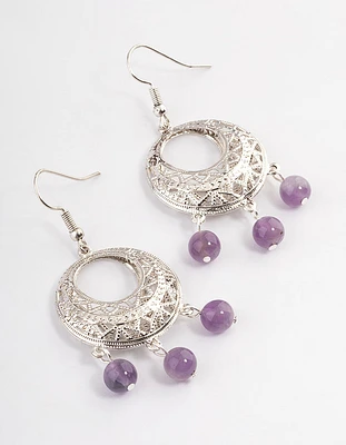 Antique Silver Amethyst Open Detail Hook Earrings