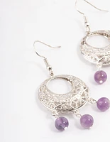 Antique Silver Amethyst Open Detail Hook Earrings