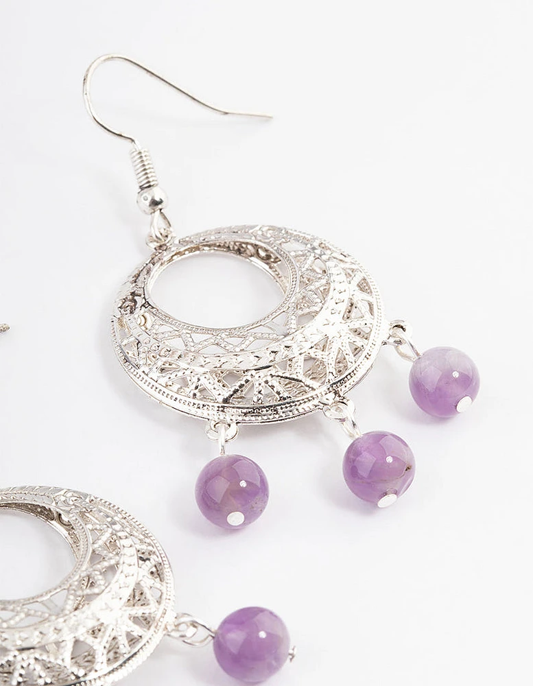 Antique Silver Amethyst Open Detail Hook Earrings