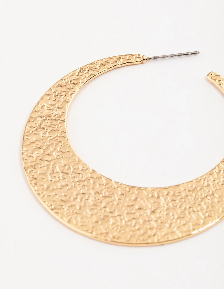 Gold Plated Brass Flat Textured Hoop Earrings