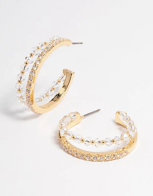 Gold Plated Cubic Zirconia Crystal Double Hoop Earrings