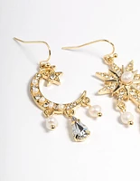 Gold Plated Freshwater Pearl Star & Moon Earrings