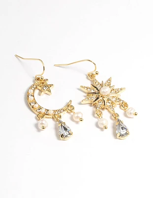 Gold Plated Freshwater Pearl Star & Moon Earrings