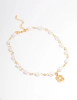Gold Plated Freshwater Pearl Diamante Chain Pendant Necklace