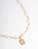 Gold Plated Freshwater Pearl Diamante Chain Pendant Necklace