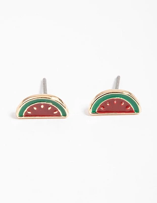 Gold Enamel Watermelon Stud Earrings