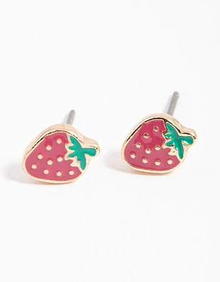 Gold Enamel Strawberry Stud Earrings