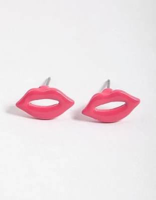 Plastic Fuchsia Open Lips Stud Earrings