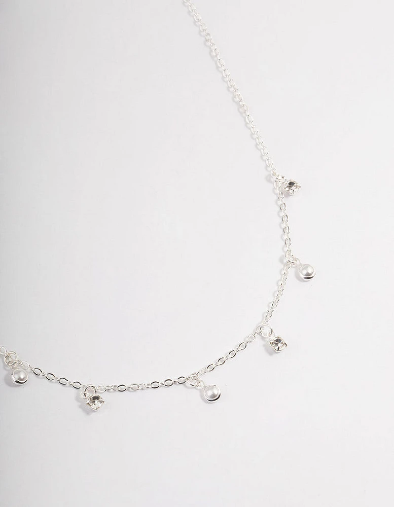 Silver Droplet Diamante & Pearl Necklace