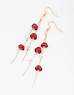 Red Rose & Pearl Chain Drop Earrings