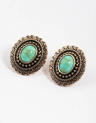 Turquoise Ornate Oval Stud Earrings