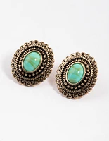 Turquoise Ornate Oval Stud Earrings