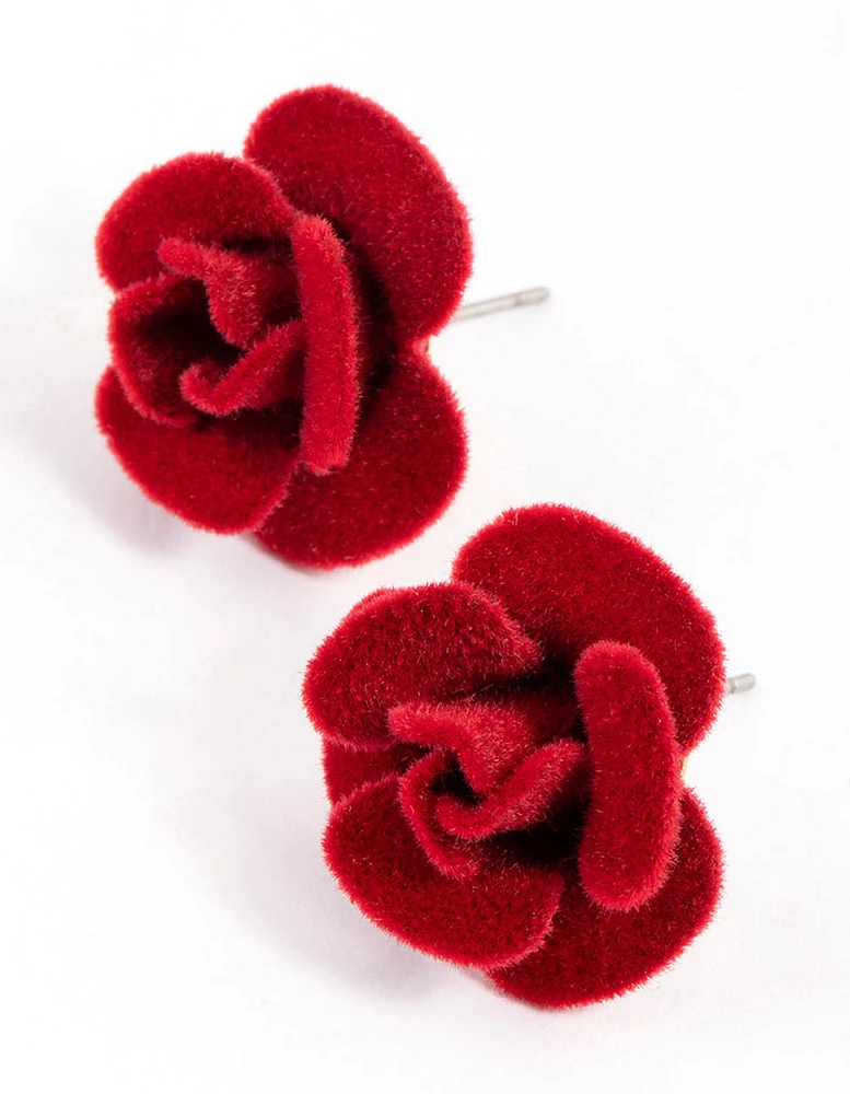 Red Fabric Velvet Rose Stud Earrings