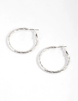 Silver Twisted Texture Hoop Earrings