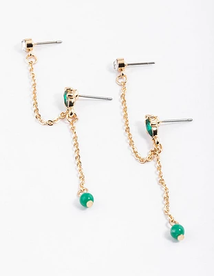 Gold Double Chain Marquise Drop Earrings