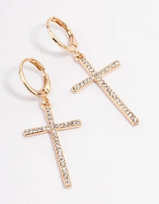 Gold Diamante Cross Huggie Earrings