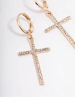 Gold Diamante Cross Huggie Earrings
