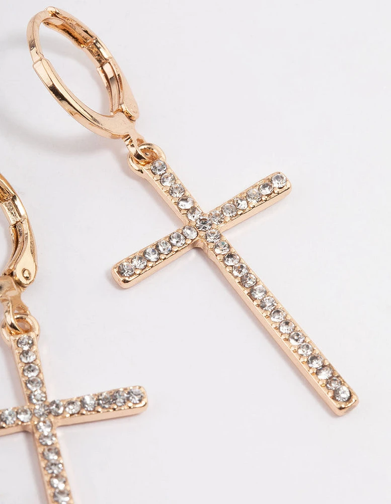 Gold Diamante Cross Huggie Earrings