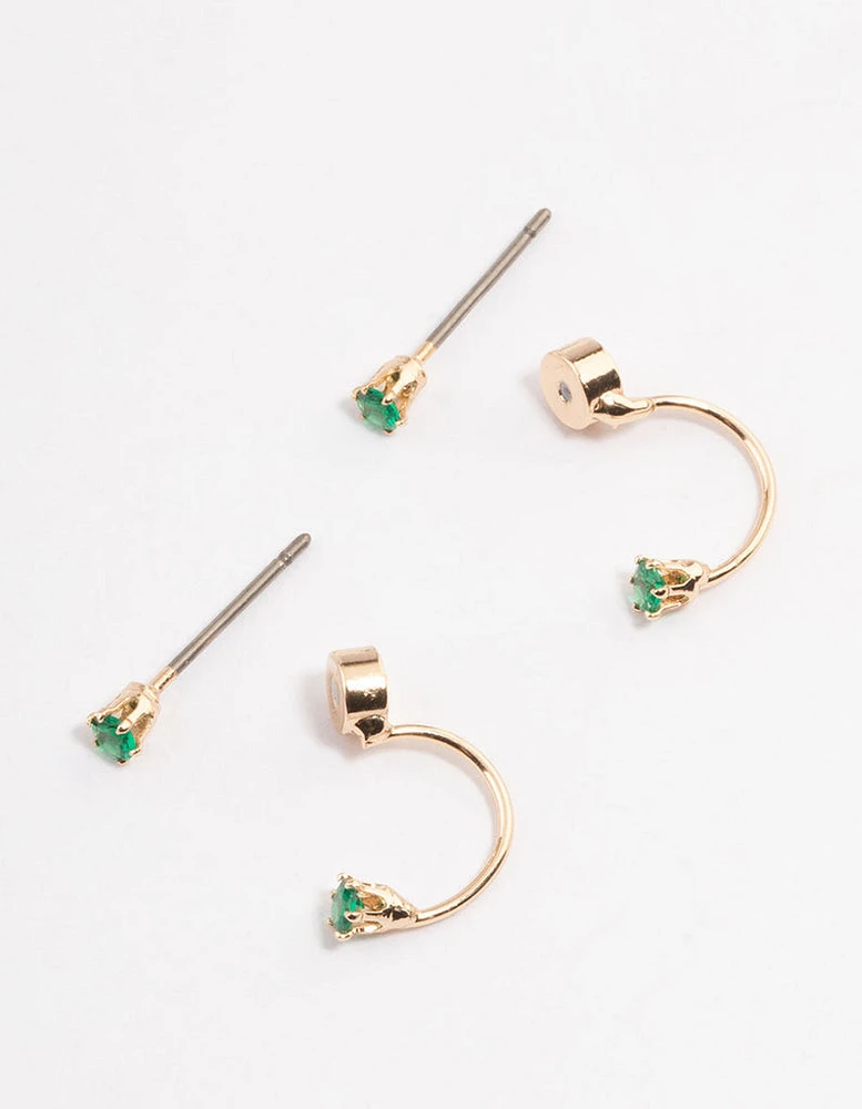 Gold & Emerald Green Diamante Jacket Earrings