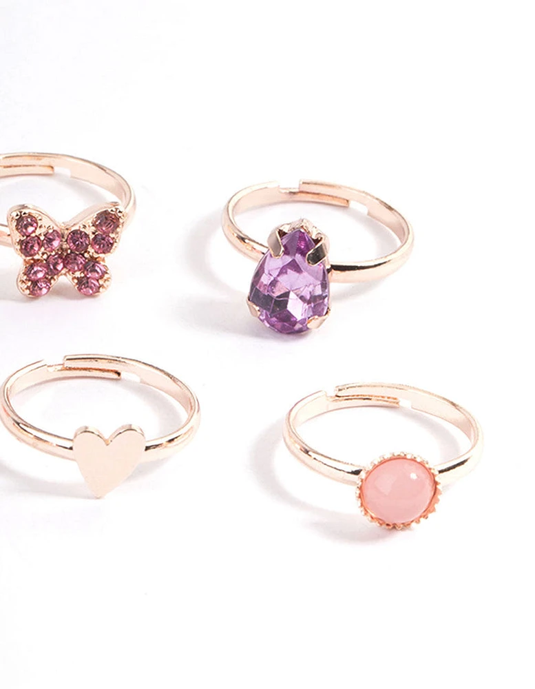 Kids Rose Gold Heart Diamante Pear Ring 6-Pack