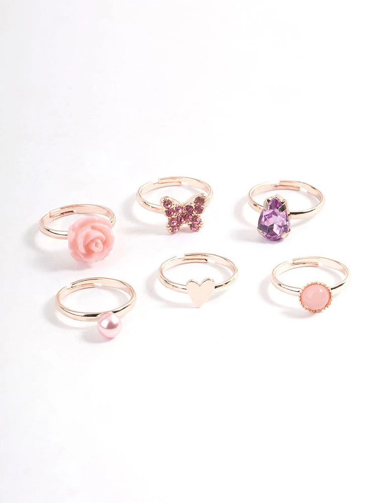 Kids Rose Gold Heart Diamante Pear Ring 6-Pack