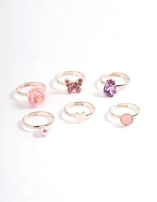 Kids Rose Gold Heart Diamante Pear Ring 6-Pack