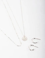 Silver Layered Textured Disc Necklace & Earrings Set