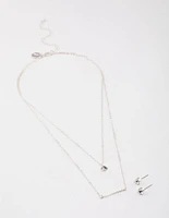 Silver Layered Stone Bar Necklace & Earrings Set