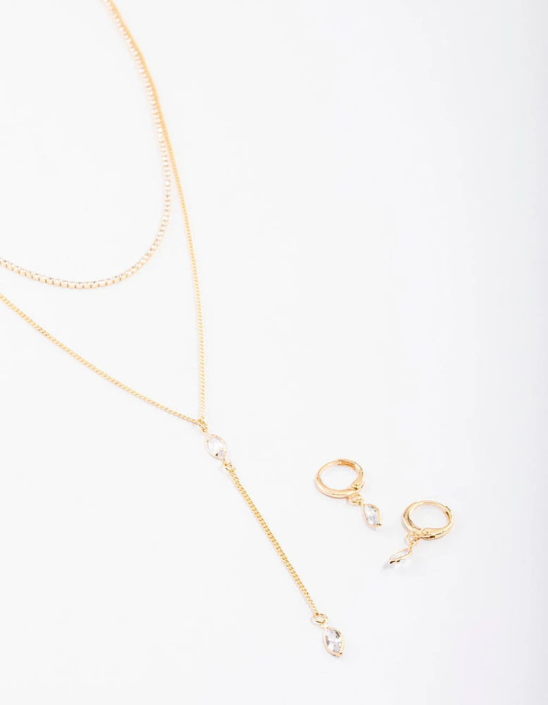 Gold Layered Y-Neck Necklace & Earrings Jewellery Set