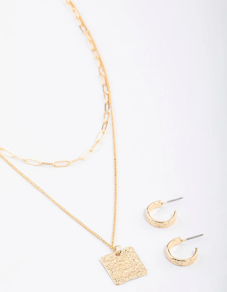 Gold Layered Textured Square Necklace & Earrings Set
