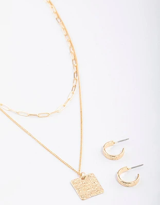 Gold Layered Textured Square Necklace & Earrings Set