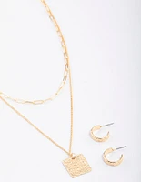 Gold Layered Textured Square Necklace & Earrings Set