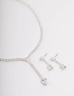 Silver Statement Y-Necklace & Earrings Set