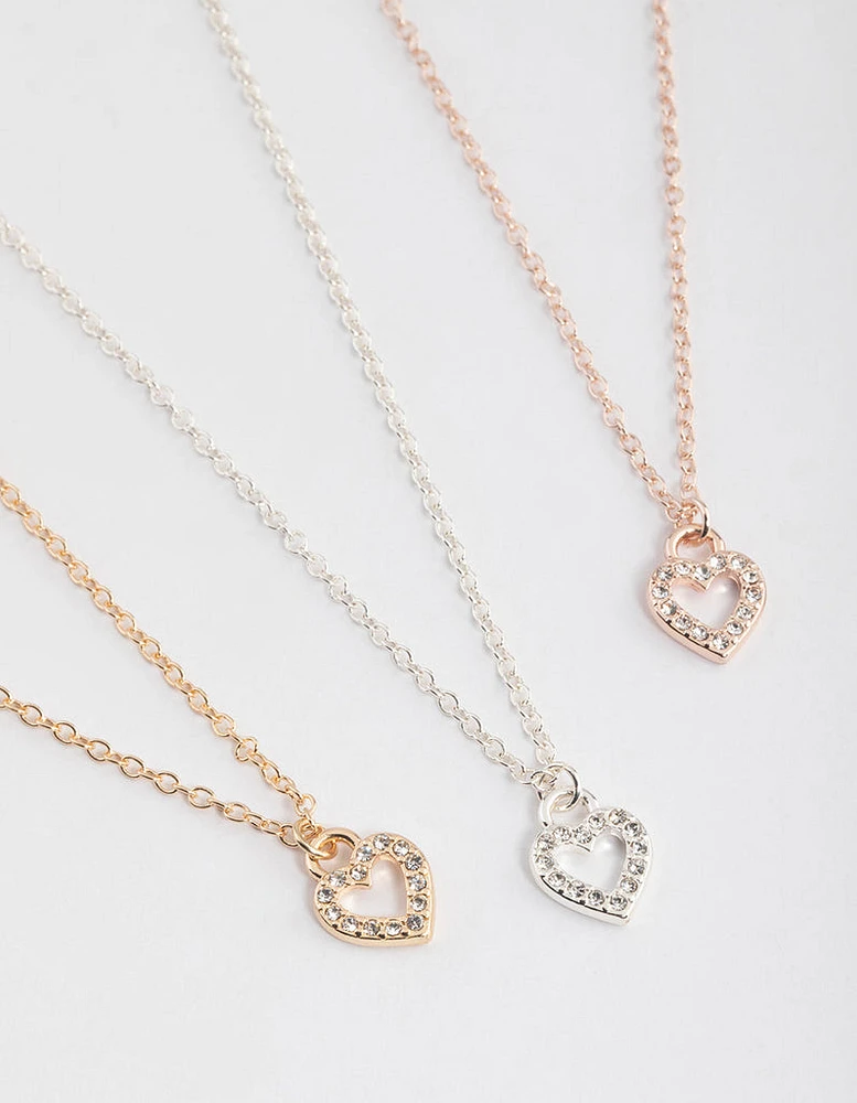 Mixed Metal Diamante Open Heart Necklace Pack