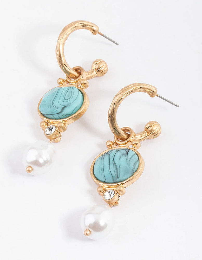 Worn Gold Facet Pearl & Turquoise Drop Earrings