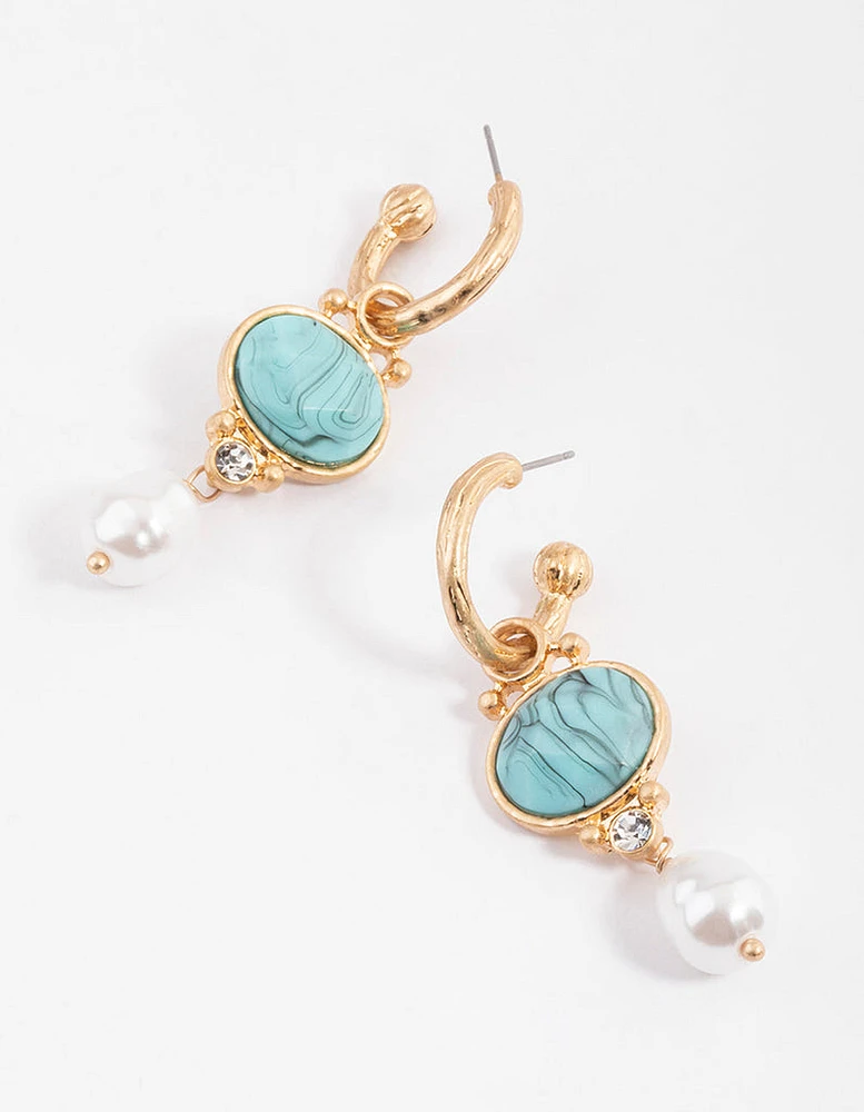 Worn Gold Facet Pearl & Turquoise Drop Earrings