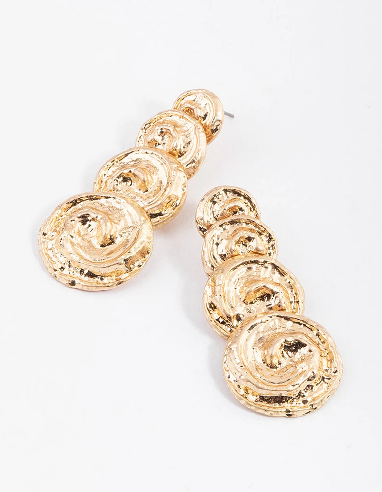 Gold Twirly Molten Round Drop Earrings